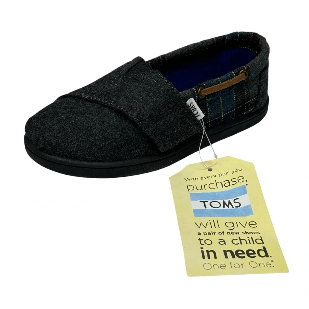 New TOMS Tiny Bimini Alpargata Blue & Grey Tartan Plaid Slip On Size 11 MSRP $59